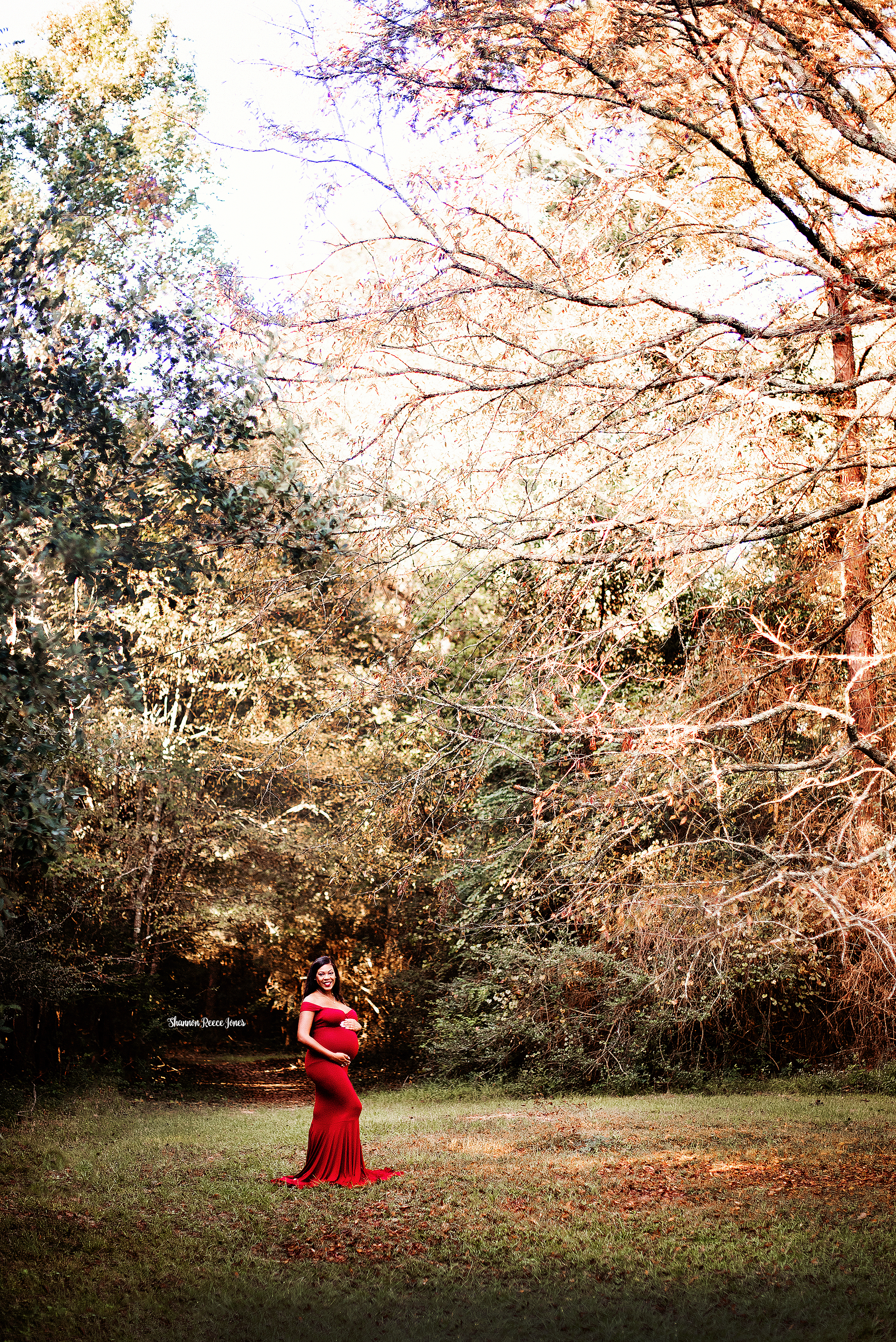 pregnant woman in red maternity gown in woodland