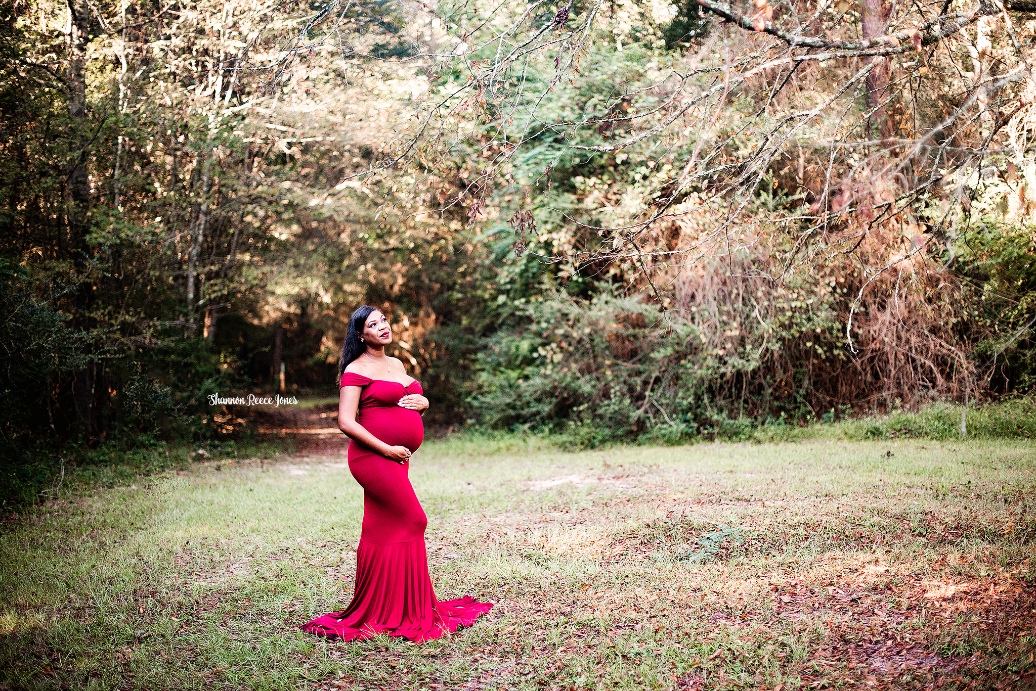 maternity photo of mother-to-be in red dress gazing up at trees