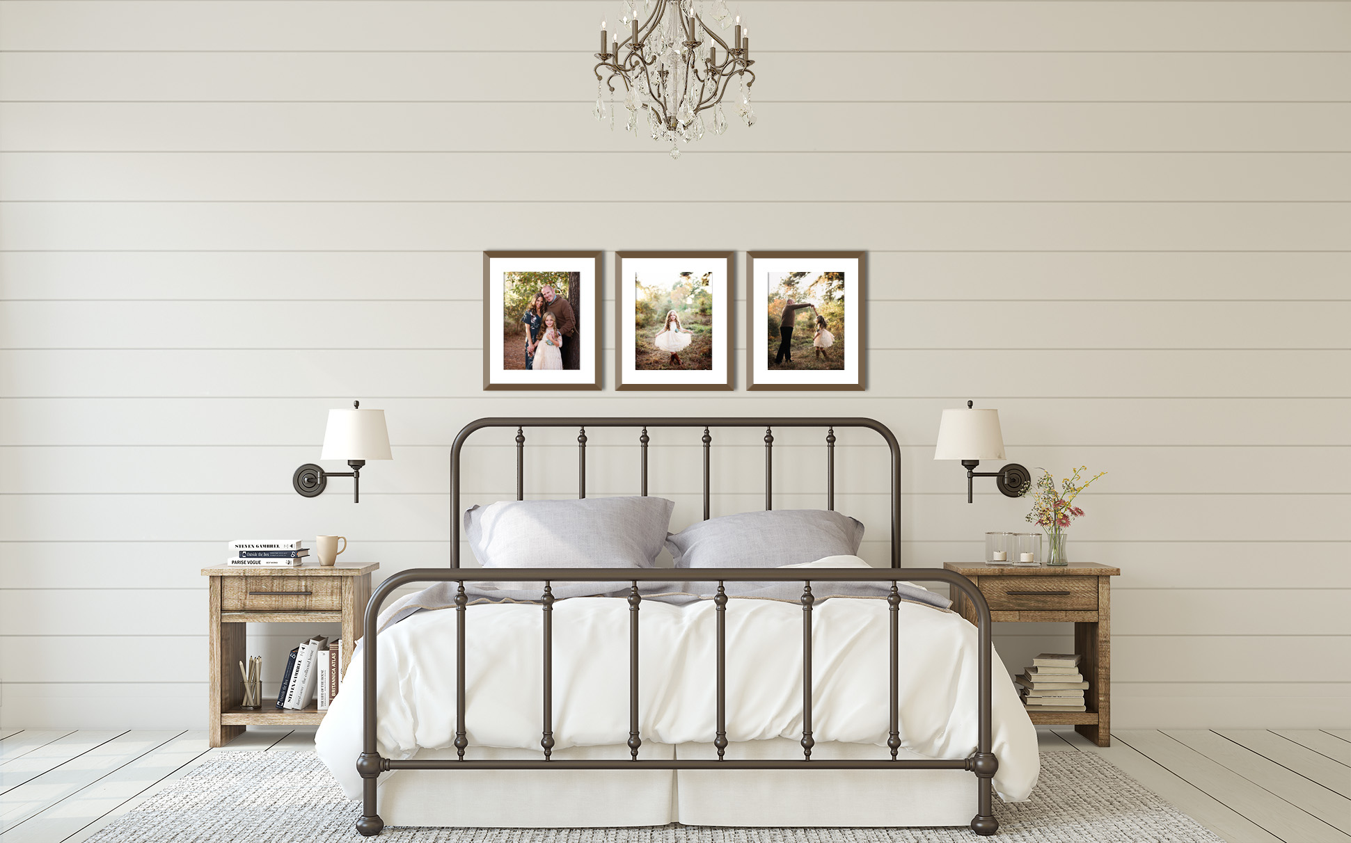 trio of framed portraits hanging above bed, wall art inspiration