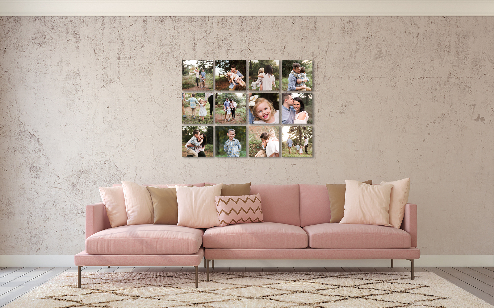 Photo collage displayed in living room over couch, wall art inspiration