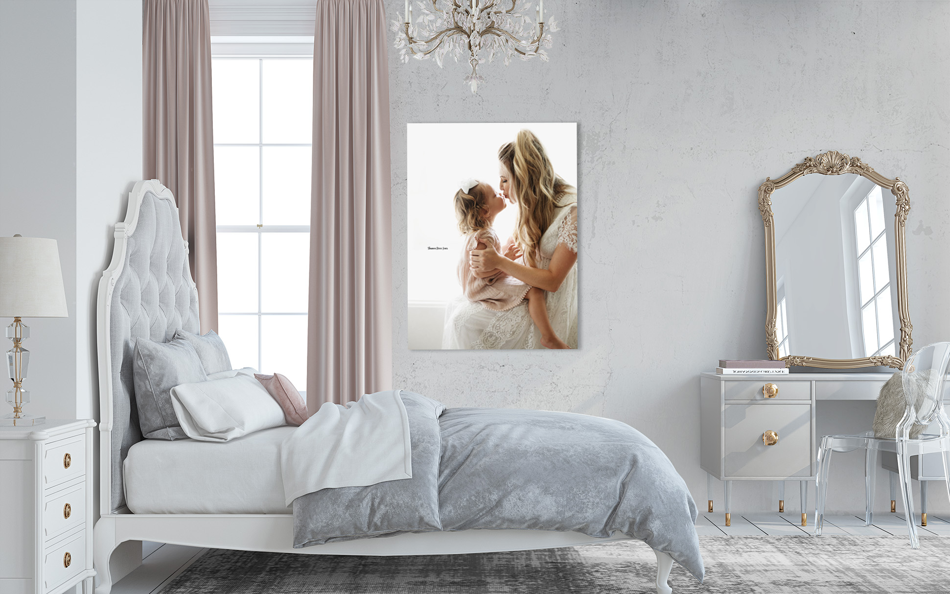 wall art inspiration, canvas of mother and daughter hanging in bedroom