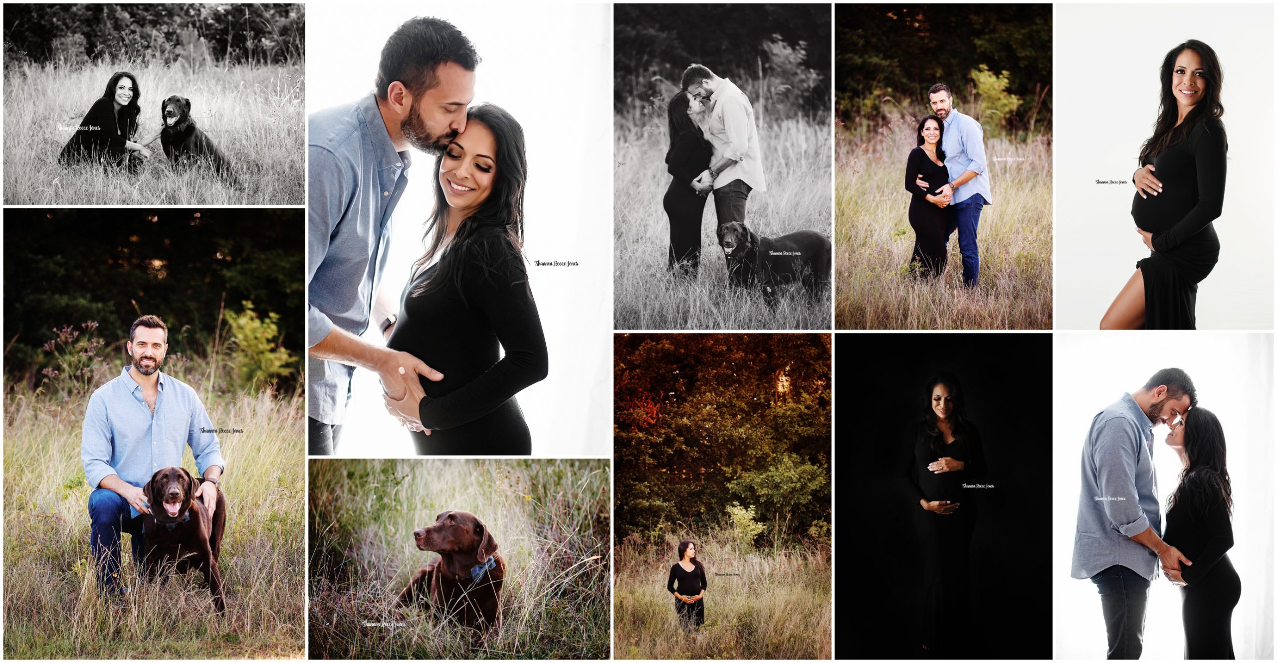outdoor maternity photo collage with mom dad and dog in Houston Texas