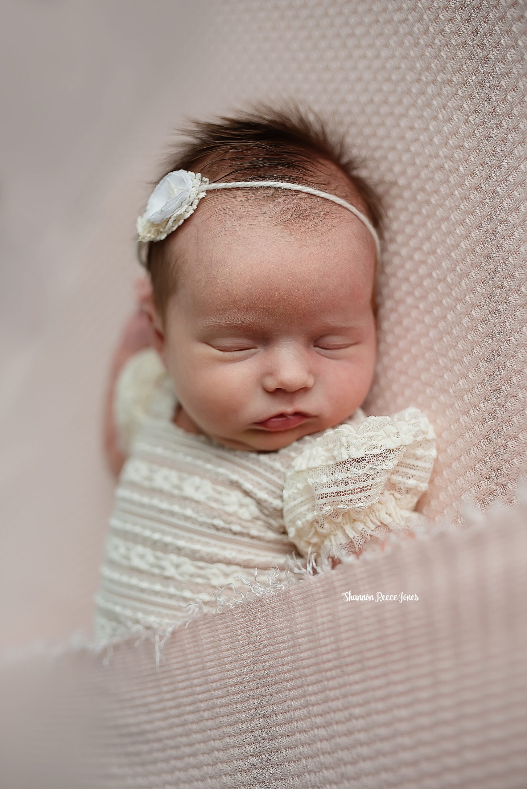 studio newborn photos, infant asleep on blankets in lacy dress