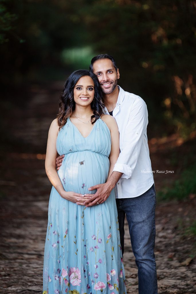 sunrise maternity session, couple in woods