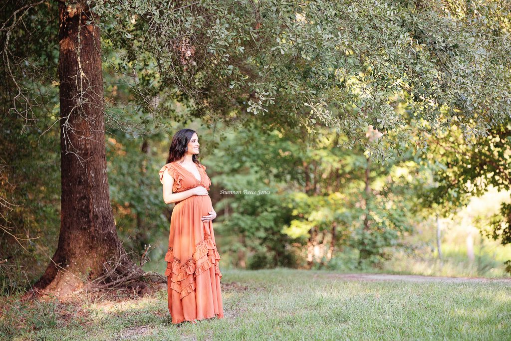 maternity portraits near me Houston Texas, woman in ruffled maternity gown looking into distance