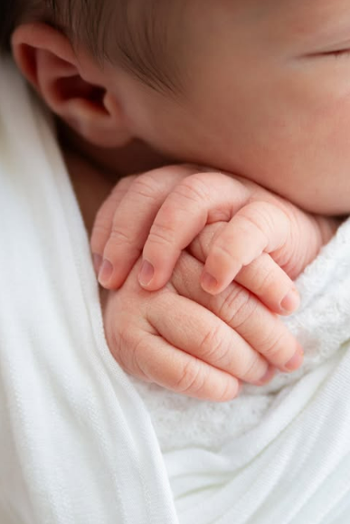 Closeup of baby fingers closed around their blanket illustrating an article about tips for holiday travel with a newborn