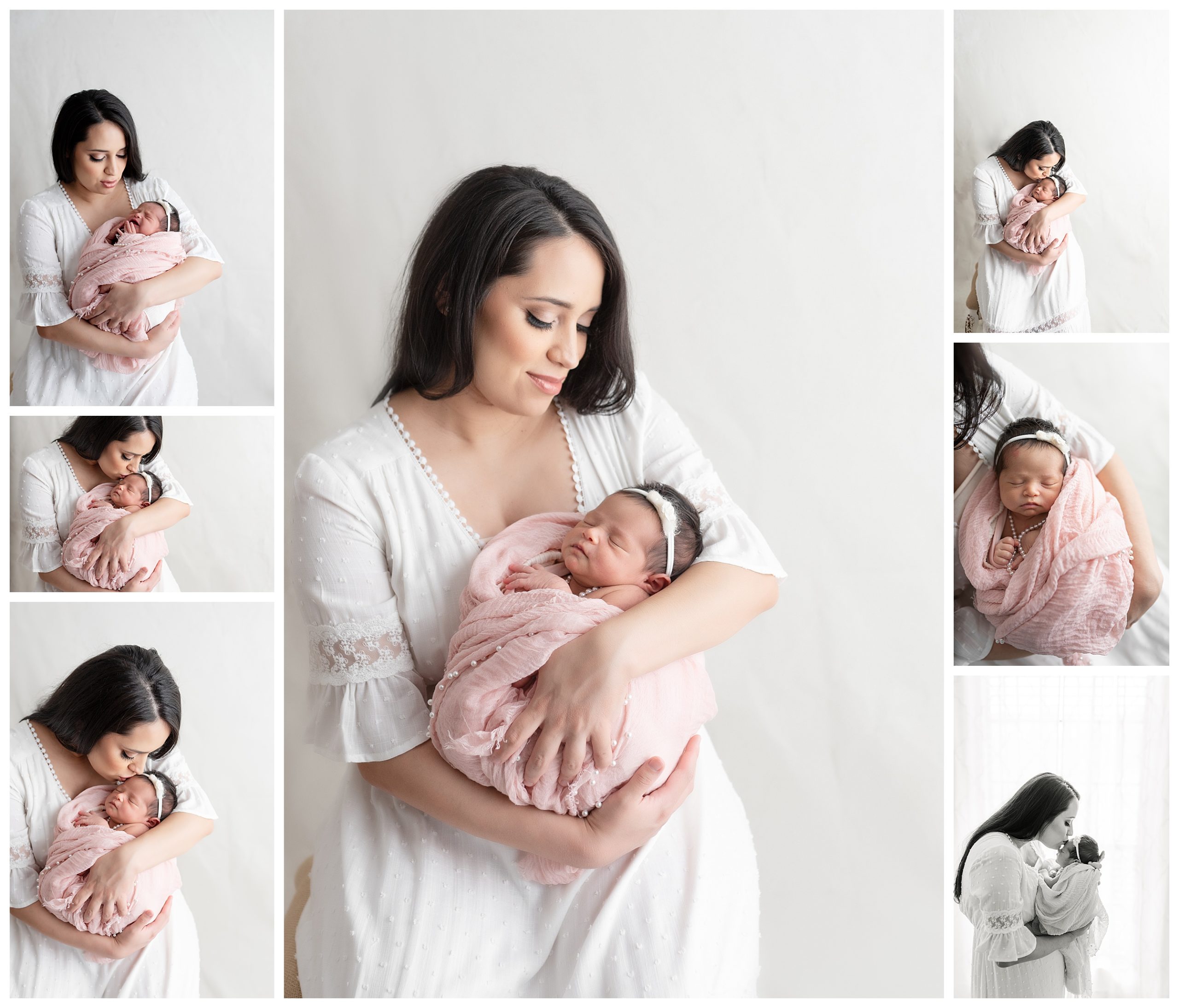 Mother with baby girl in newborn photography studio