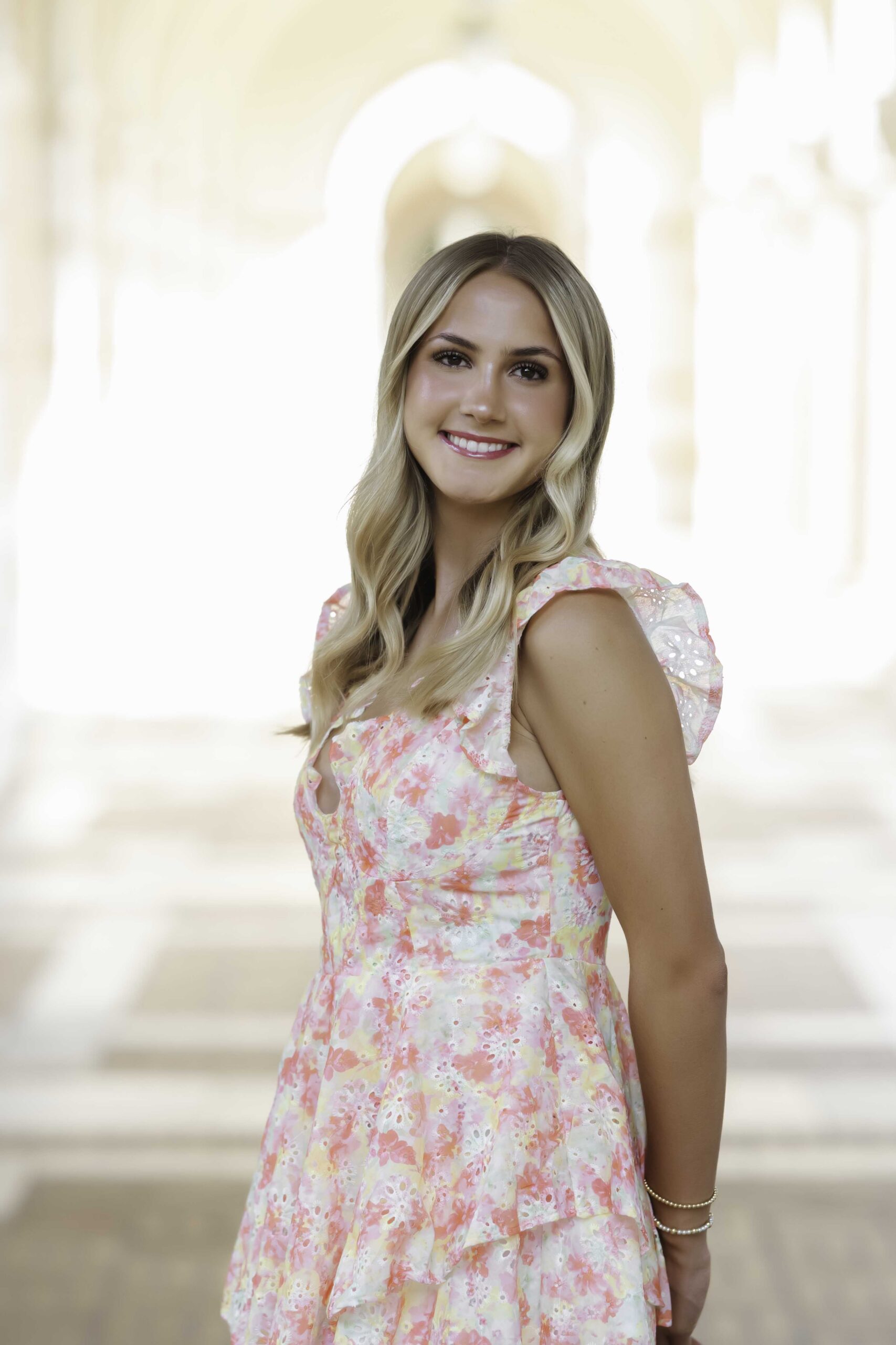 Houston senior pictures at Rice - senior in pink floral dress